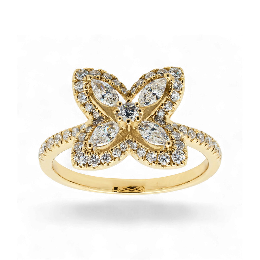 BeBling 14K Yellow Gold Diamond 4 Leaf Clover Ring 11mm with marquise stems front view