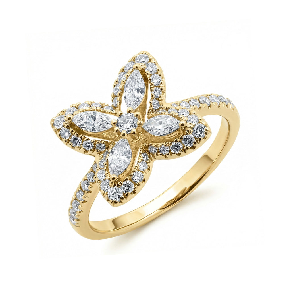 BeBling 14K Yellow Gold Diamond 4 Leaf Clover Ring 11mm with marquise stems top view