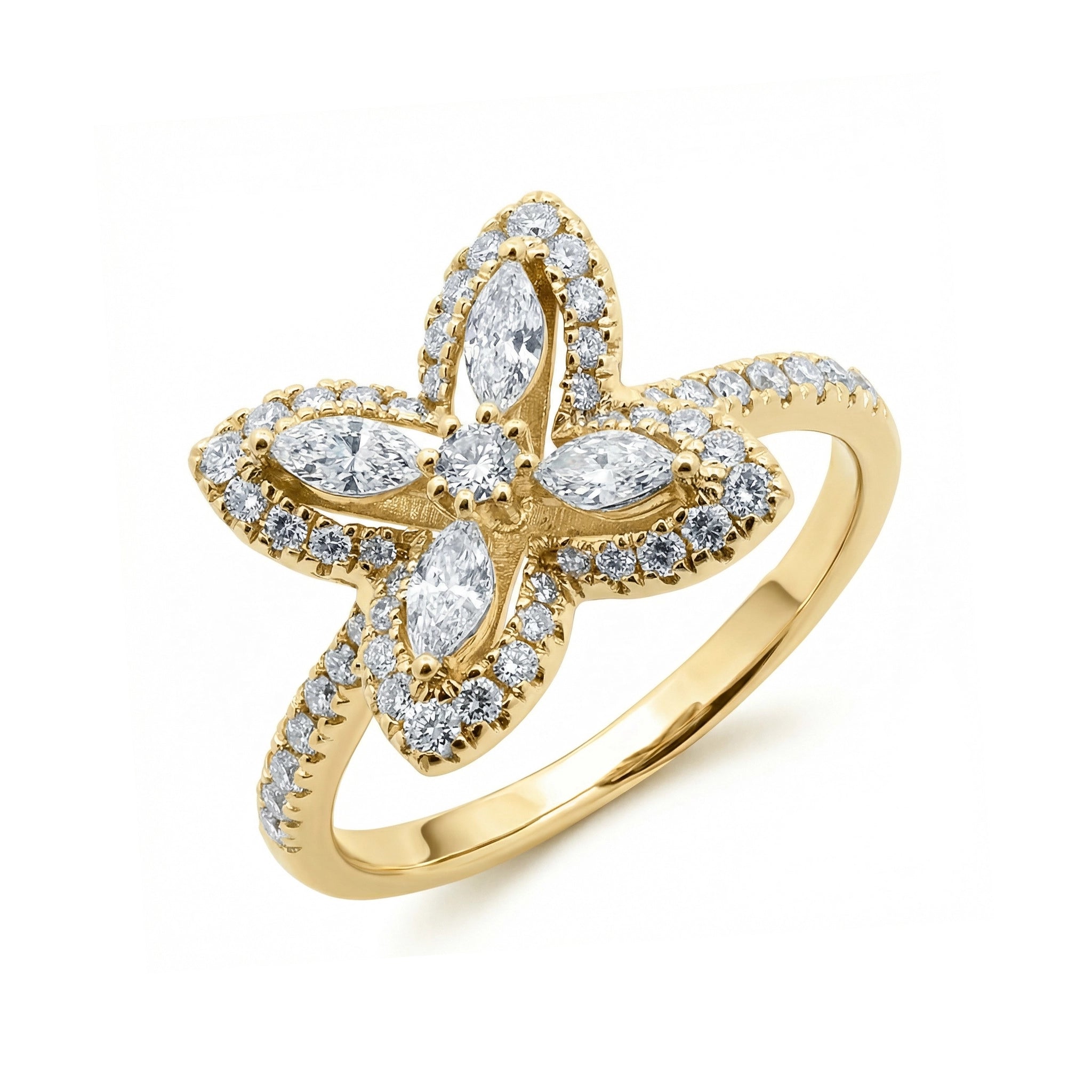 BeBling 14K Yellow Gold Diamond 4 Leaf Clover Ring 11mm with marquise stems top view