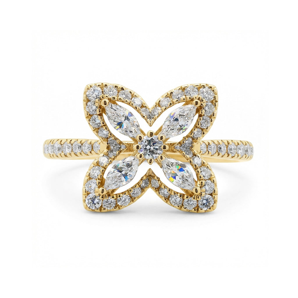 BeBling 14K Yellow Gold Diamond 4 Leaf Clover Ring 11mm with marquise stems front view