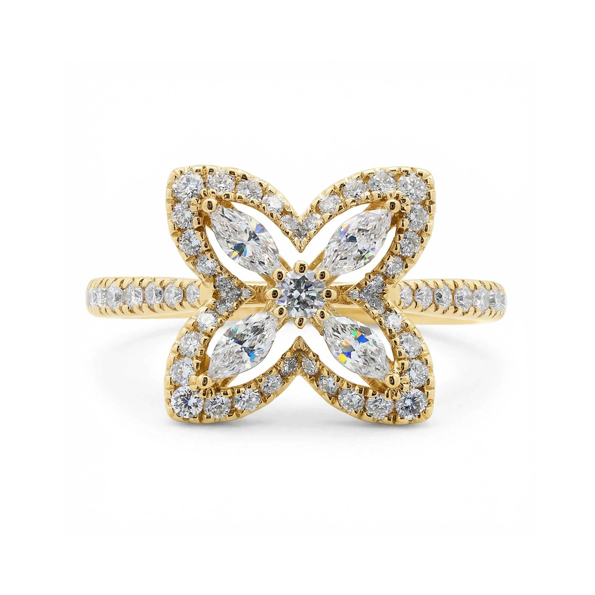 BeBling 14K Yellow Gold Diamond 4 Leaf Clover Ring 11mm with marquise stems front view
