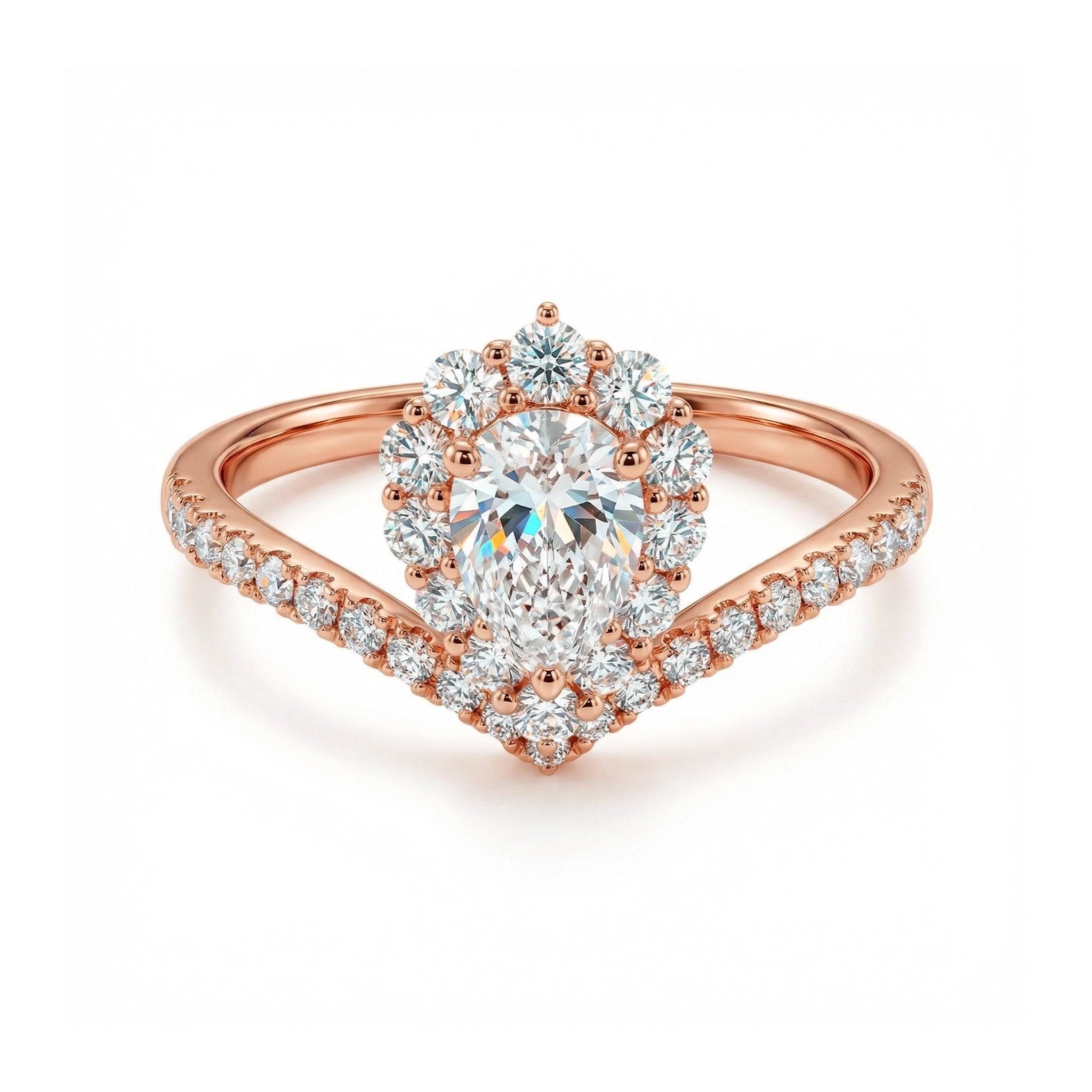 BeBling 14K Yellow Gold Pear Diamond Halo Engagement Ring - Rose Gold