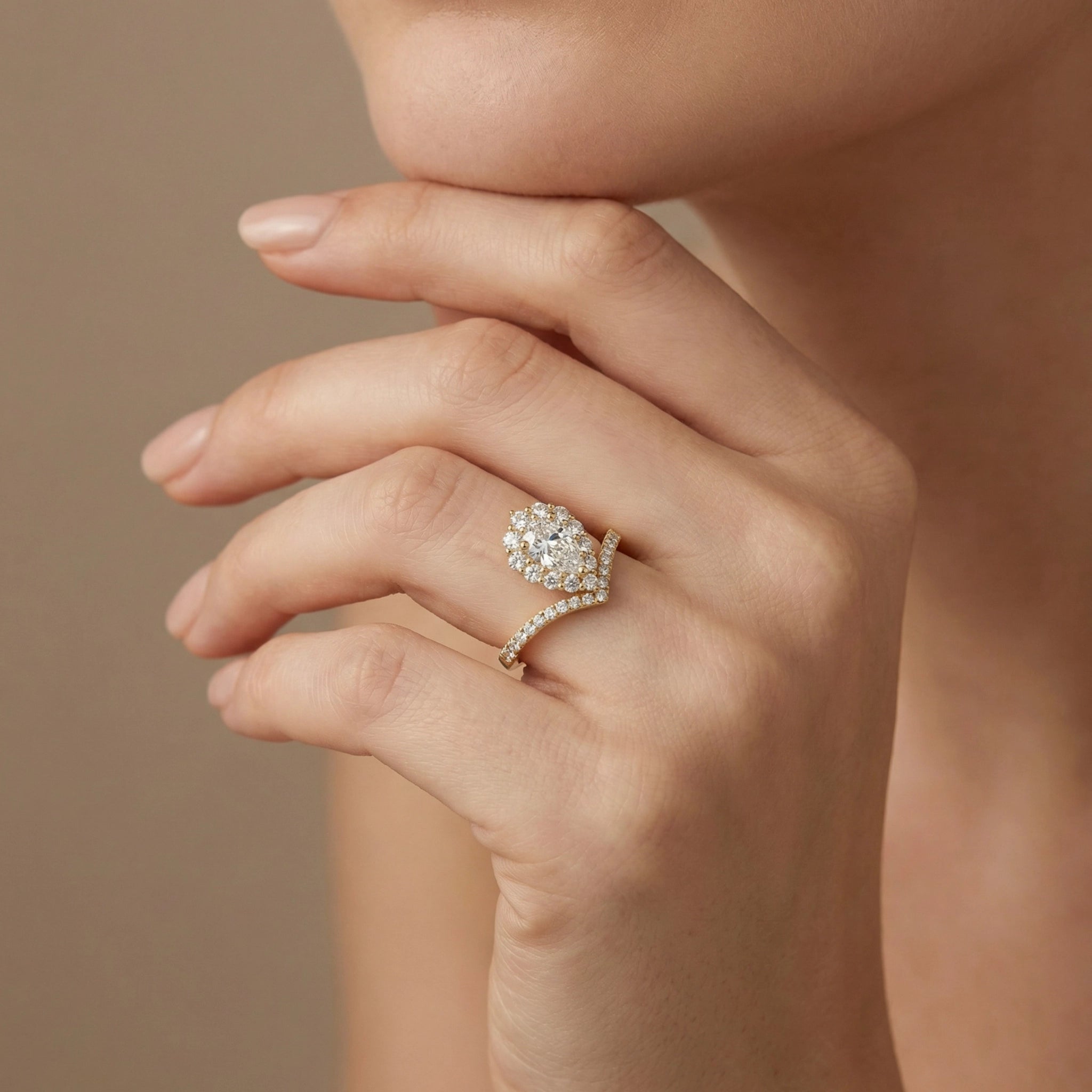 BeBling 14K Yellow Gold Pear Diamond Halo Engagement Ring on hand