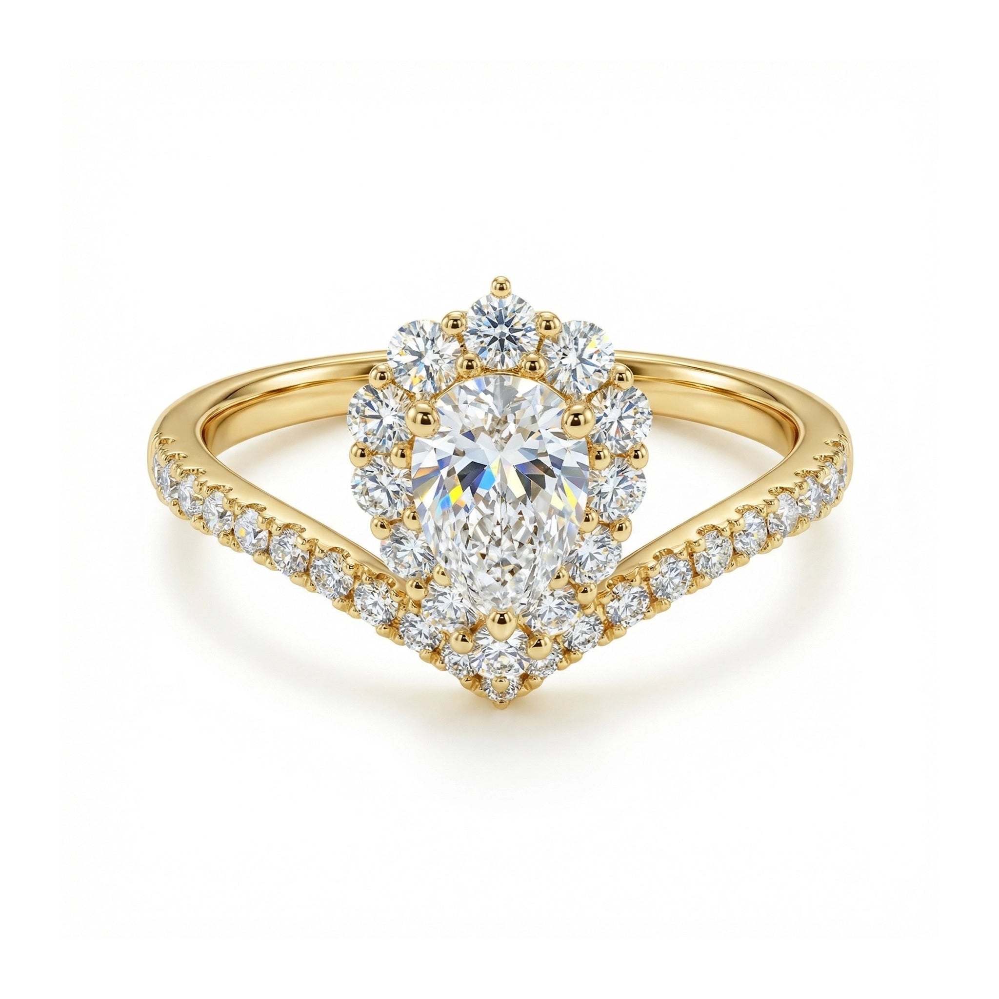 BeBling 14K Yellow Gold Pear Diamond Halo Engagement Ring