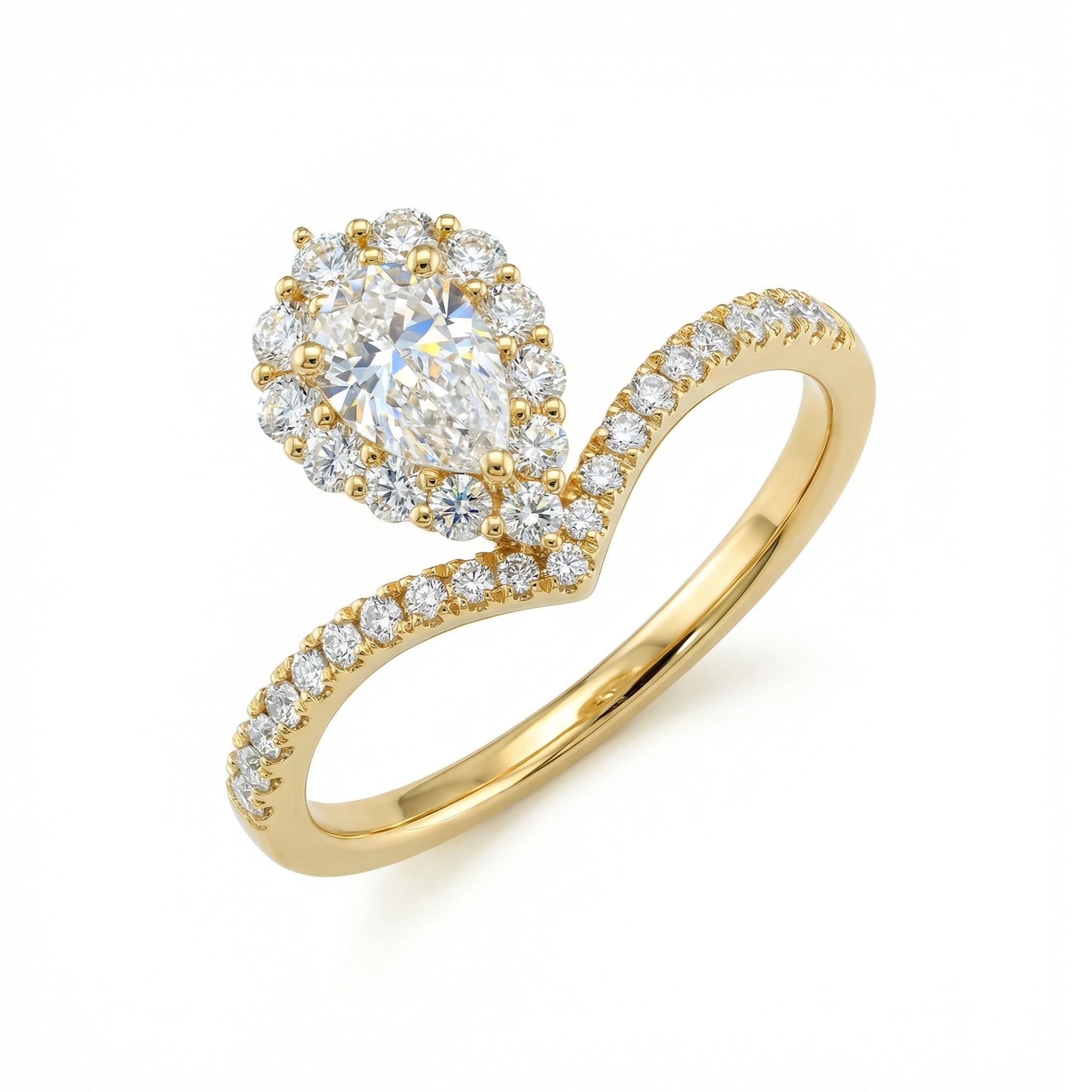 BeBling 14K Yellow Gold Pear Diamond Halo Engagement Ring