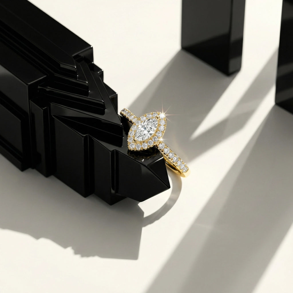 BeBling 14K Yellow Gold Marquise Diamond Halo Ring - Art Deco
