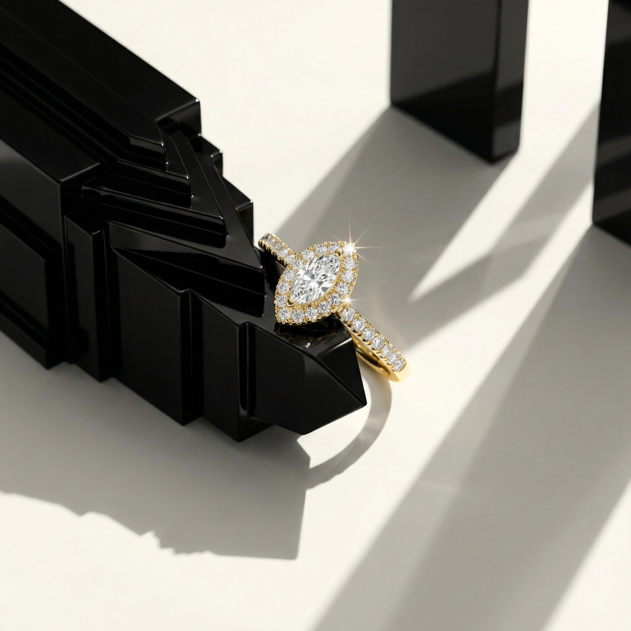 BeBling 14K Yellow Gold Marquise Diamond Halo Ring - Art Deco