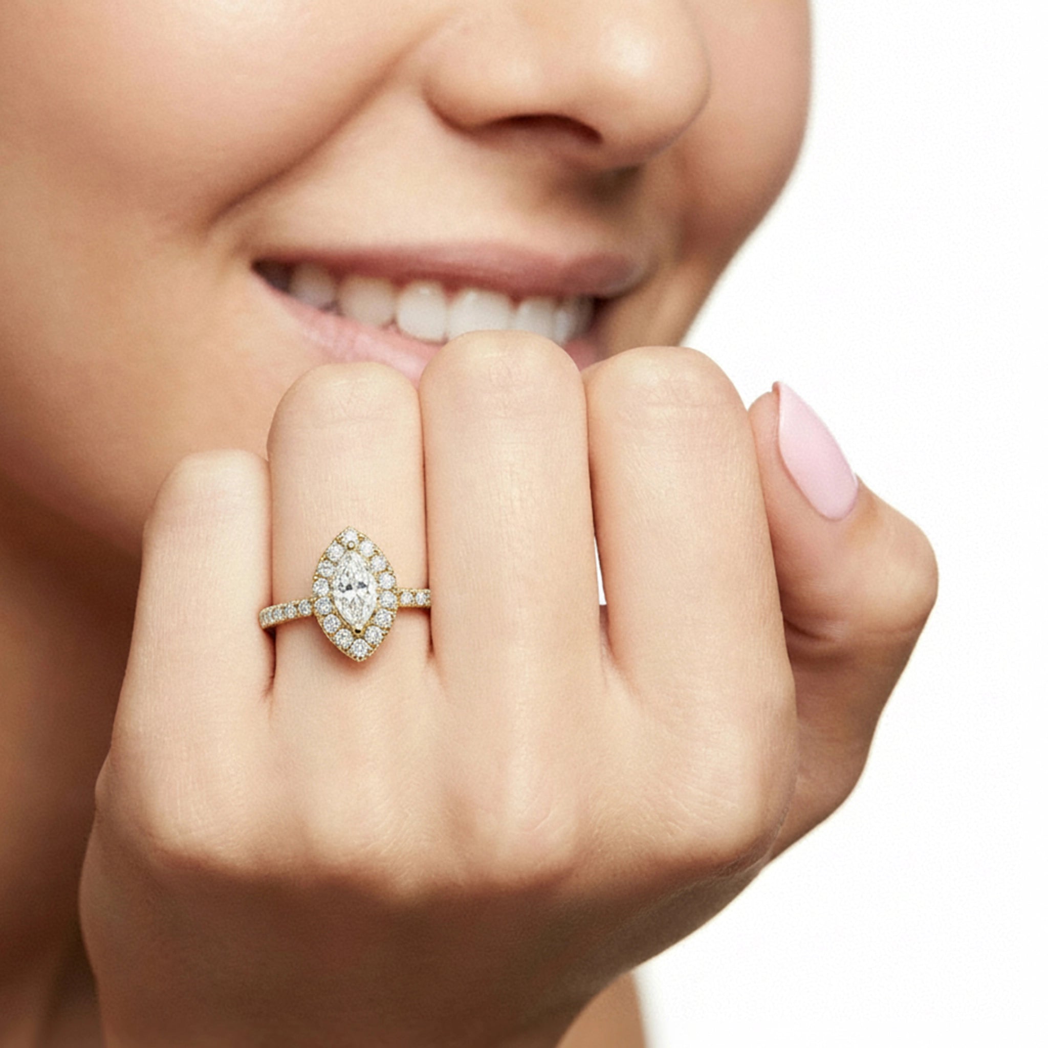 BeBling 14K Yellow Gold Marquise Diamond Halo Ring - ON HAND