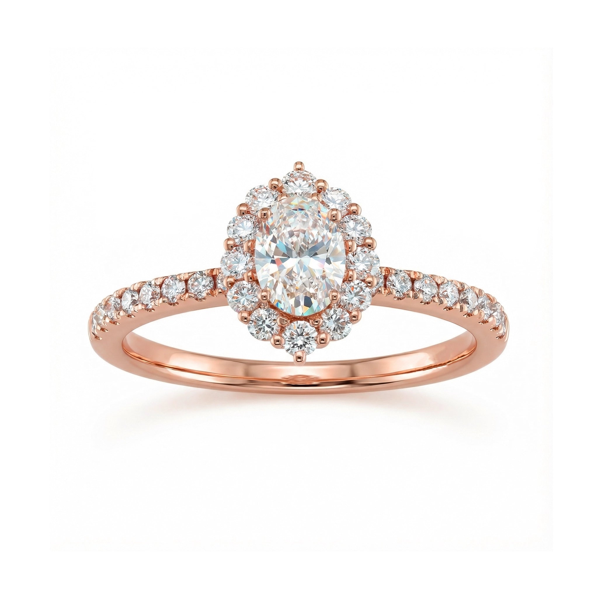 BeBling 14K White Gold Oval Diamond Halo Ring close-up detail - rose gold