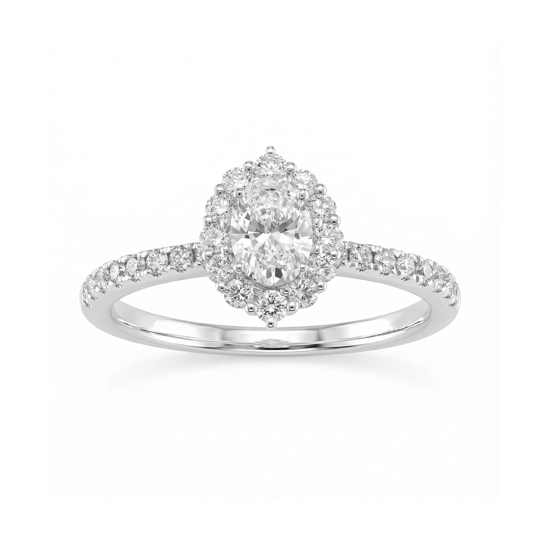 BeBling 14K White Gold Oval Diamond Halo Ring close-up detail