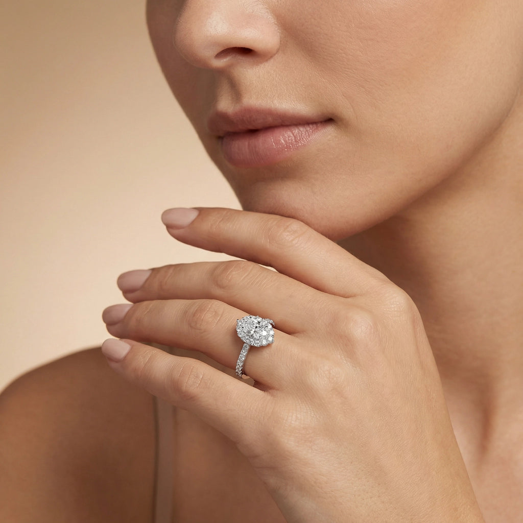 BeBling 14K White Gold Oval Diamond Halo Ring close-up detail - women wearing