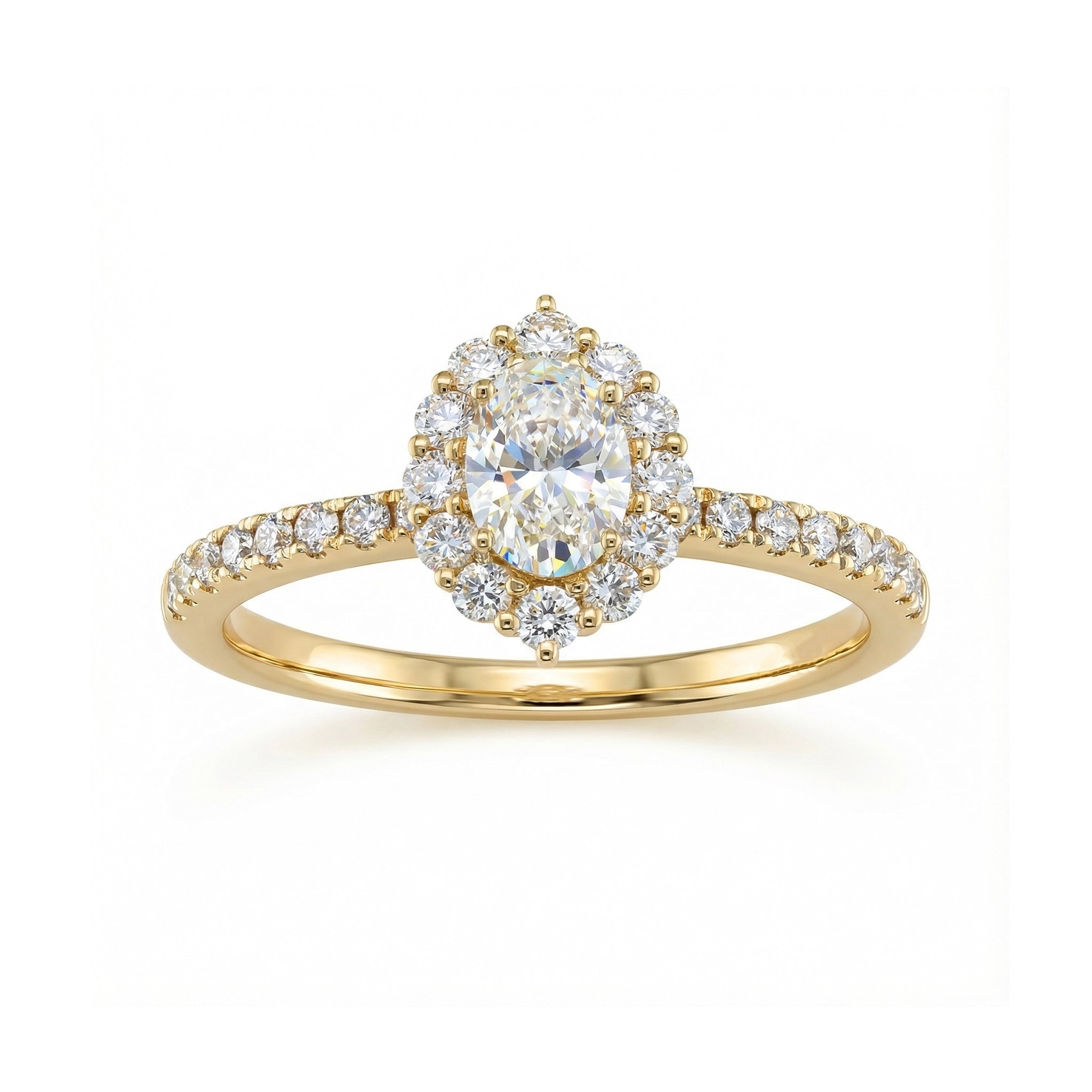 BeBling 14K White Gold Oval Diamond Halo Ring close-up detail - yellow gold