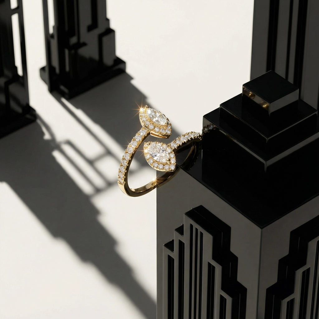 BeBling 14K Yellow Gold Double Marquise Diamond Ring detail - art deco