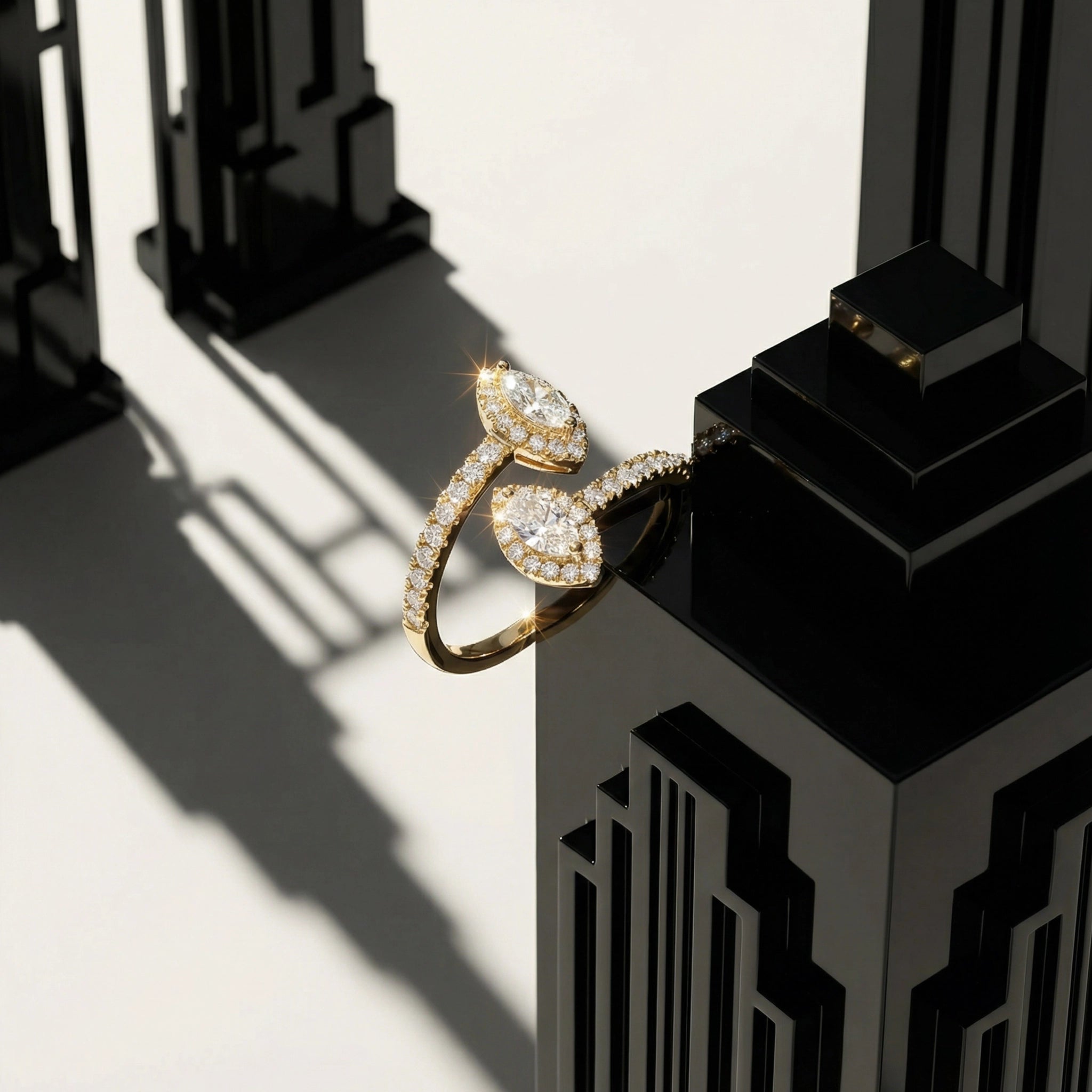 BeBling 14K Yellow Gold Double Marquise Diamond Ring detail - art deco