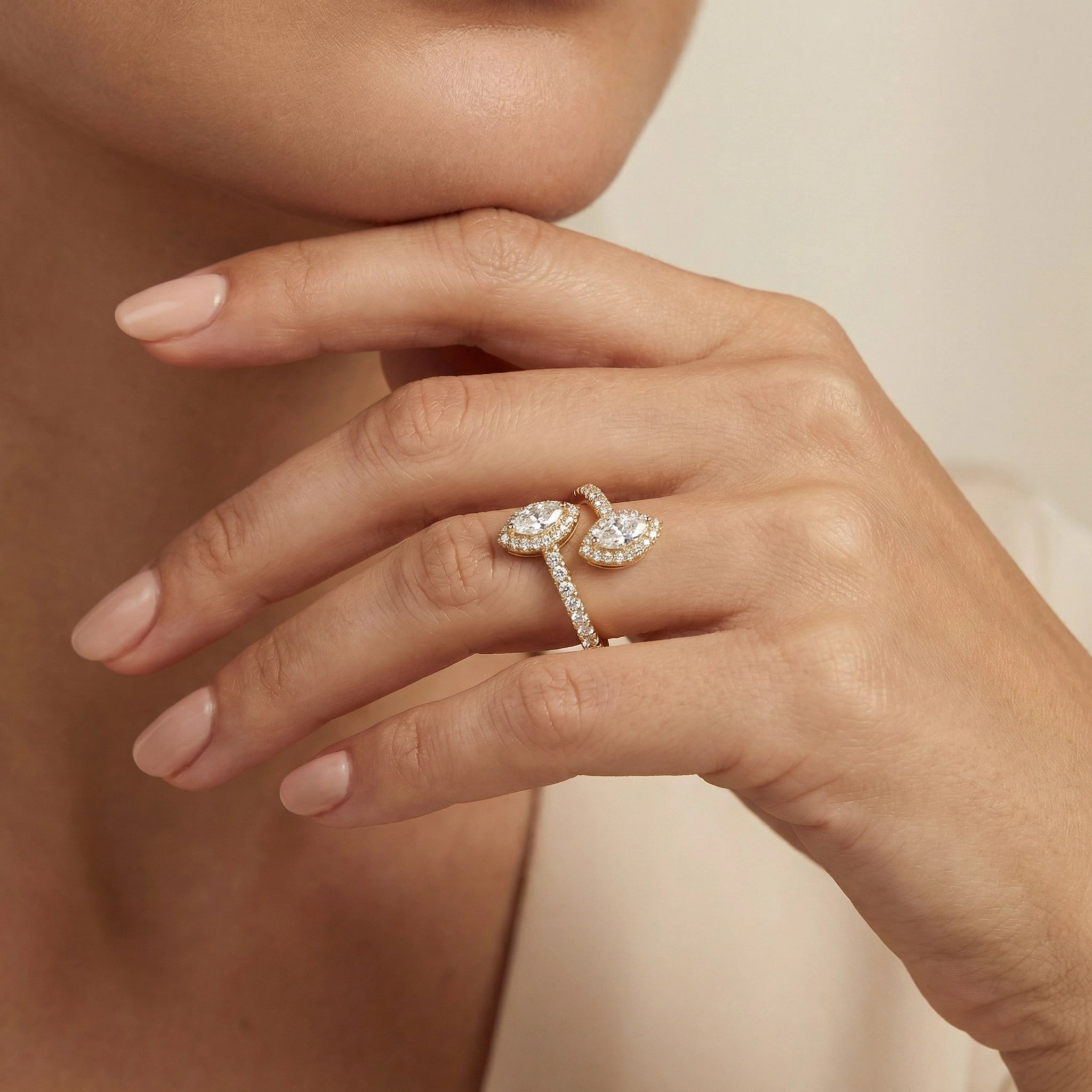 BeBling 14K Yellow Gold Double Marquise Diamond Ring detail - women wearing
