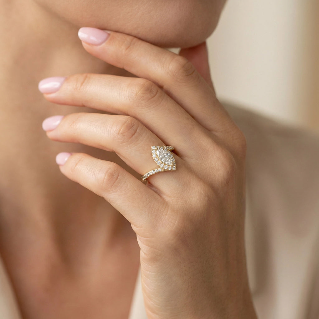 BeBling 14K Yellow Gold Marquise Diamond Twist Engagement Ring - Women Wearing