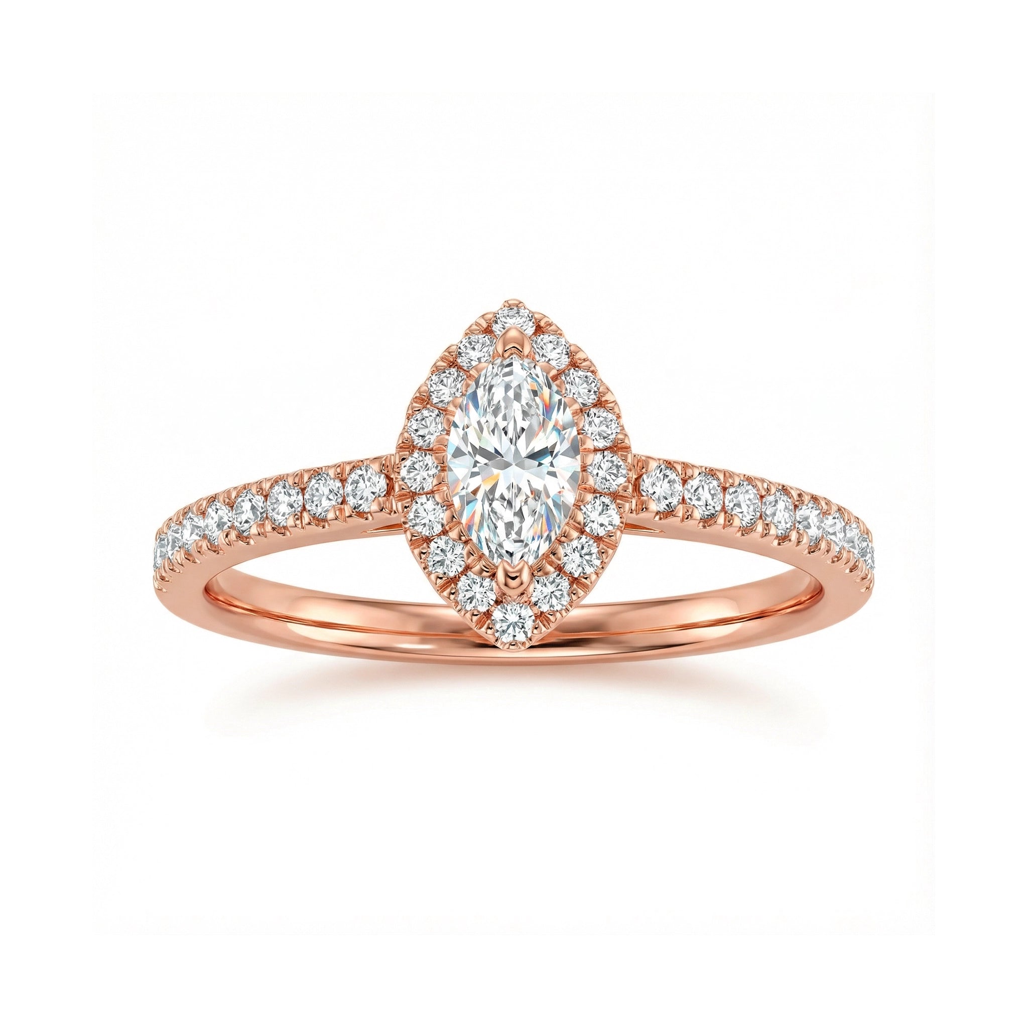 BeBling 14K Yellow Gold Marquise Diamond Halo Ring - Front View - Rose Gold