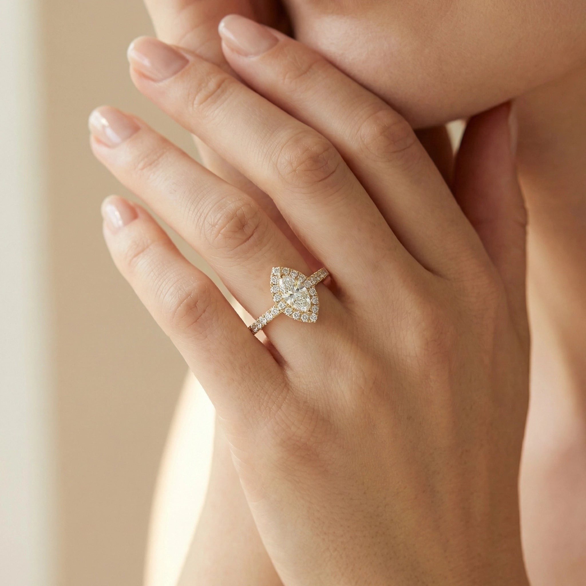 BeBling 14K Yellow Gold Marquise Diamond Halo Ring - Women Wearing