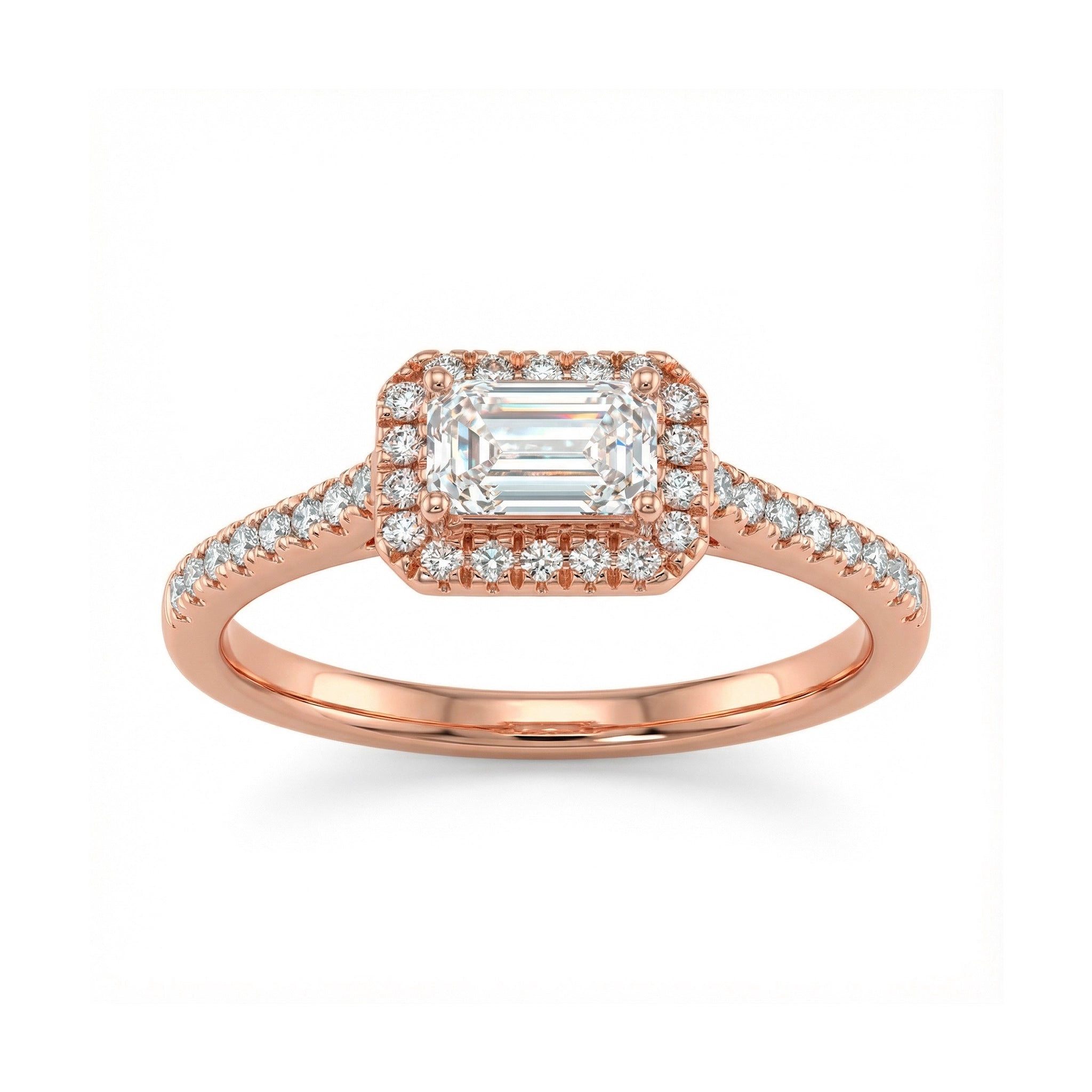 BeBling 14K Yellow Gold Baguette Diamond Halo Ring - Front View - Rose Gold