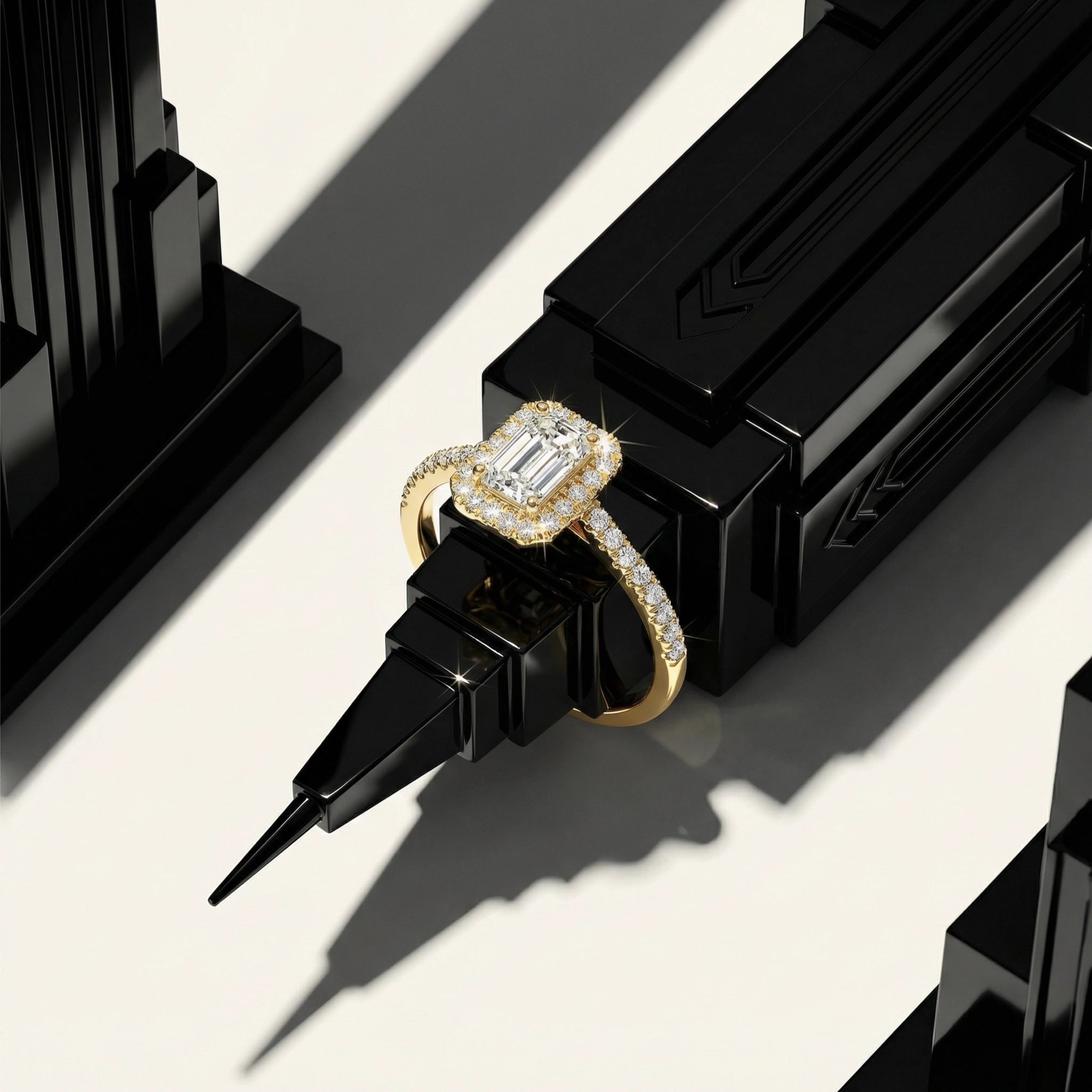 BeBling 14K Yellow Gold Baguette Diamond Halo Ring - Art Deco