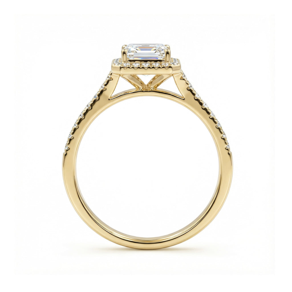 BeBling 14K Yellow Gold Baguette Diamond Halo Ring - Side View
