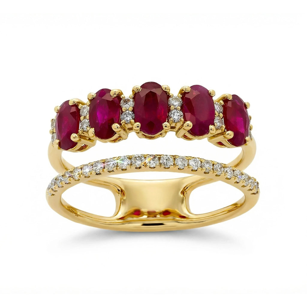 14K Yellow Gold 5 Stone Oval Ruby Diamond Ring