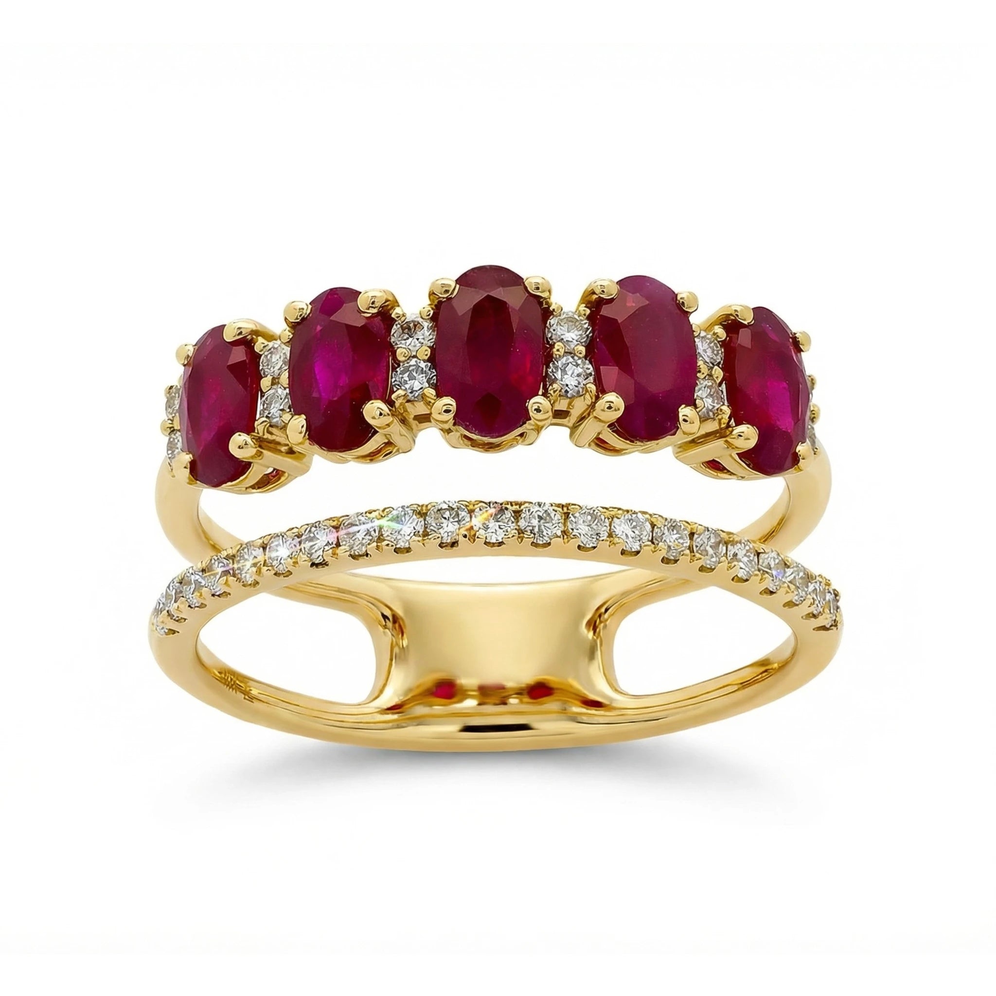 14K Yellow Gold 5 Stone Oval Ruby Diamond Ring
