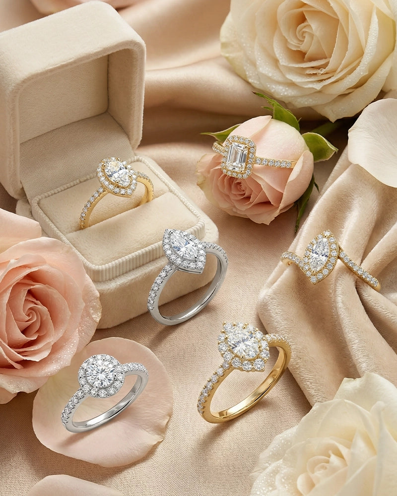 A curated selection of BeBling engagement rings showcasing solitaire, halo, and three-stone designs in various settings.