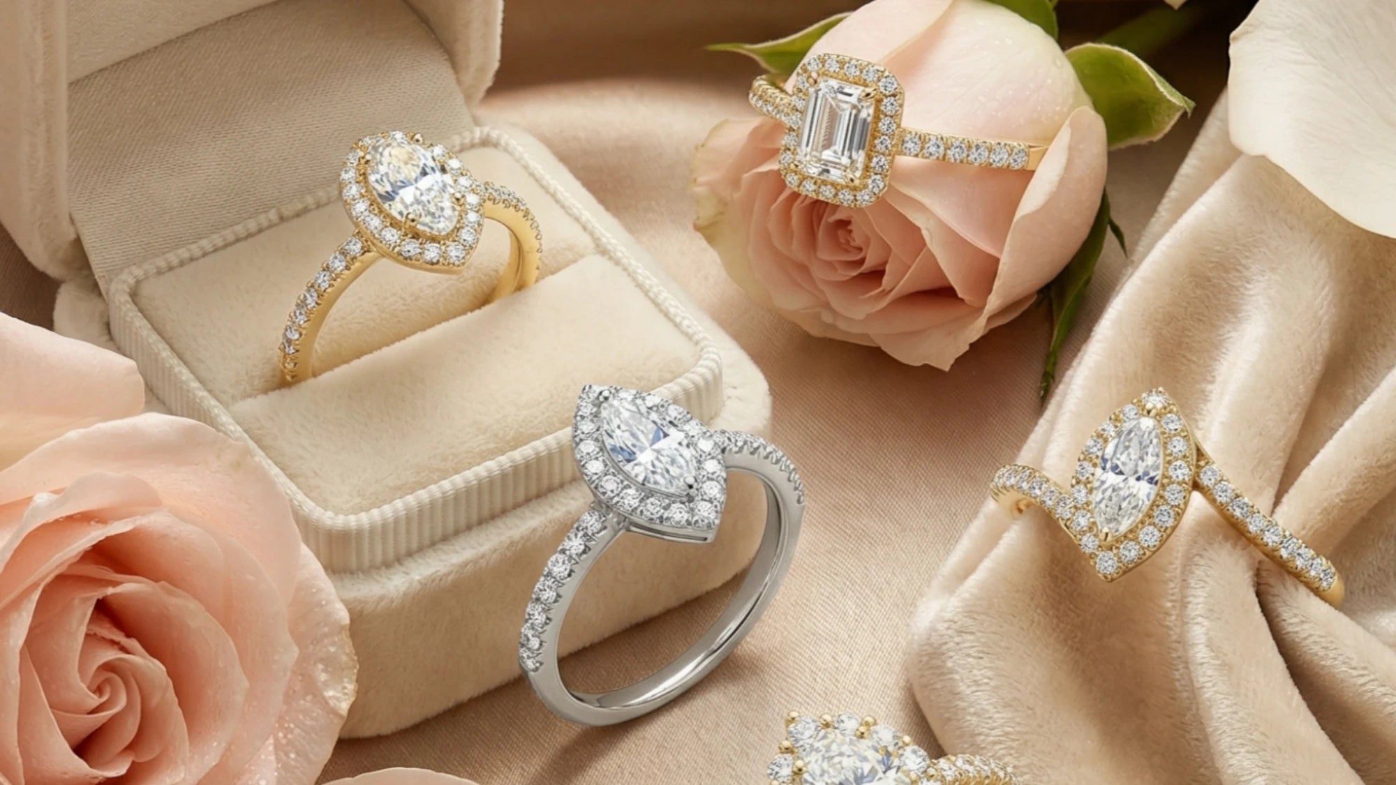 A curated selection of BeBling engagement rings showcasing solitaire, halo, and three-stone designs in various settings.