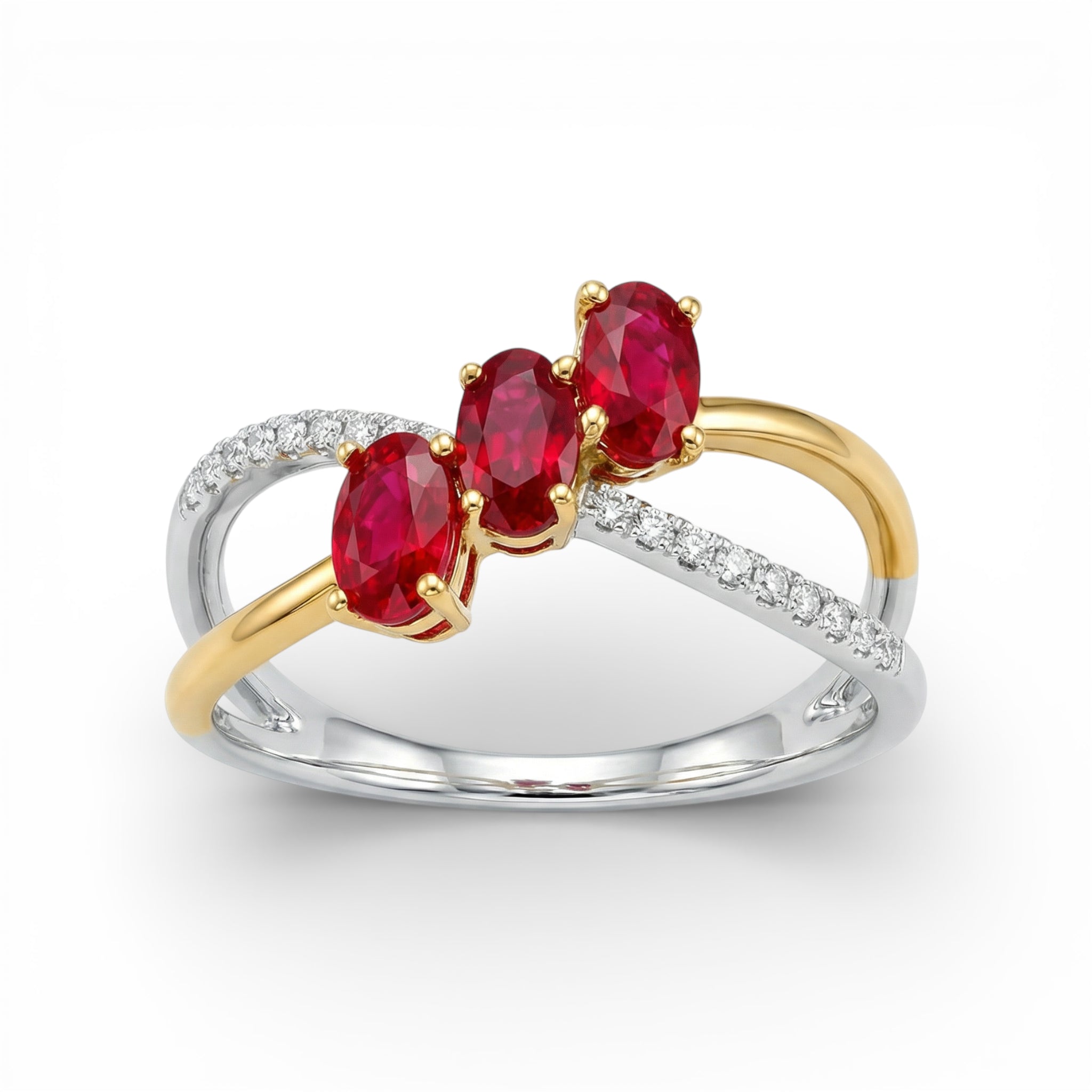 14K White and Yellow Gold Oval Cut Ruby and Diamond Crisscross Ring