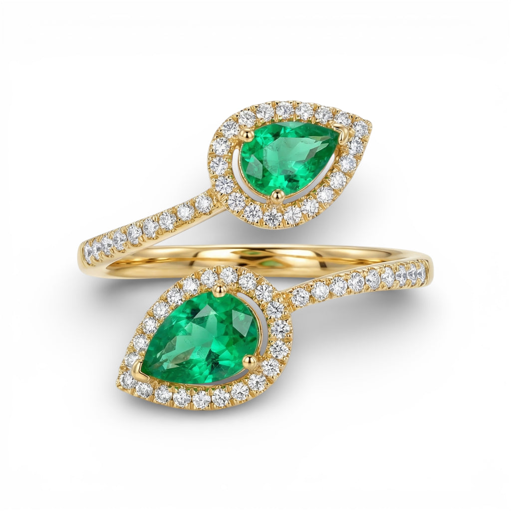 14K Yellow Gold Pear Cut Emerald with Diamond Halo Open Ring