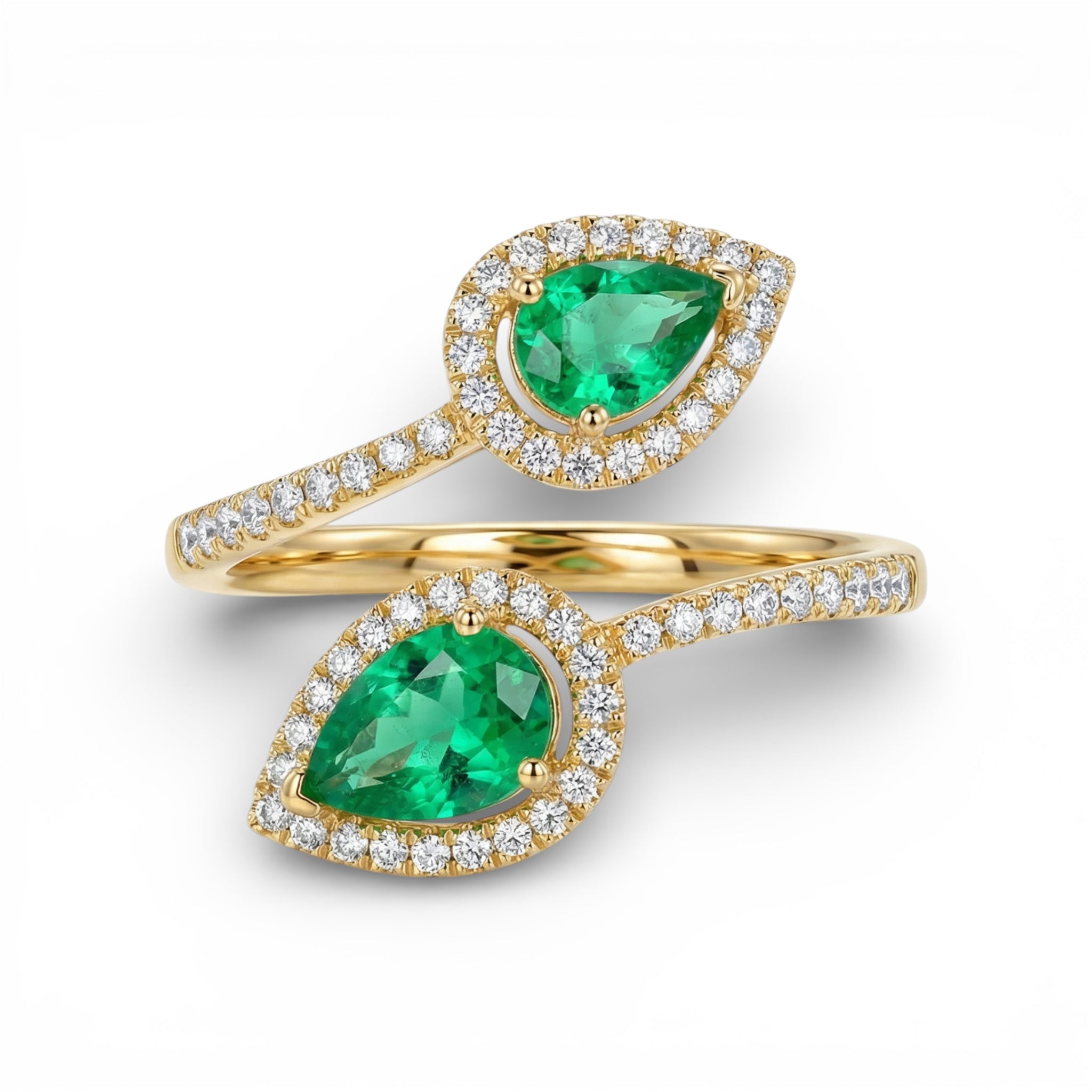 14K Yellow Gold Pear Cut Emerald with Diamond Halo Open Ring