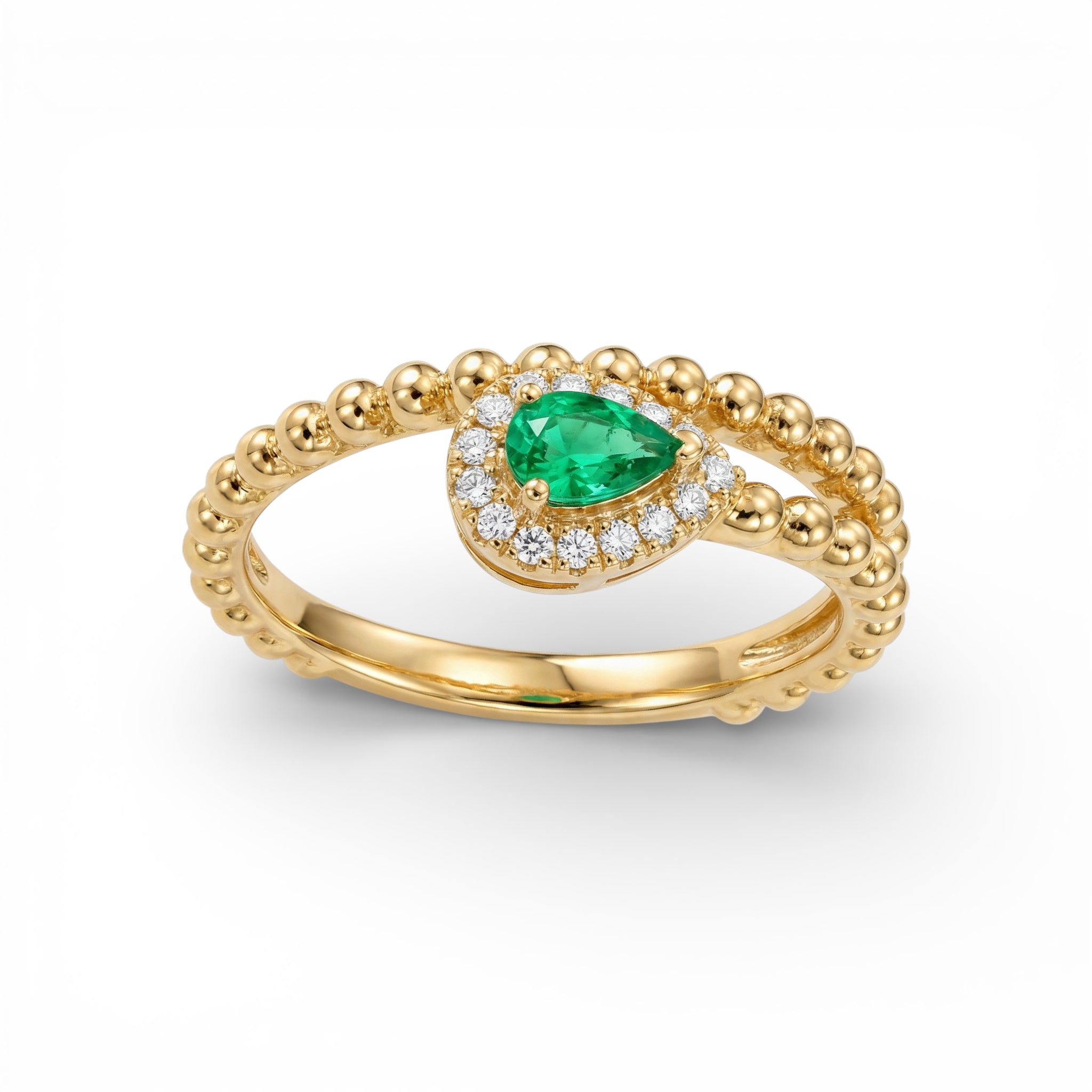 18K Yellow Gold Pear Cut Emerald with Diamond Halo Ring