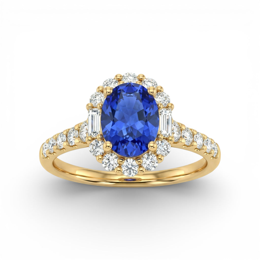 14K Yellow Gold Oval Cut Tanzanite with Baguette Diamond Halo Ring