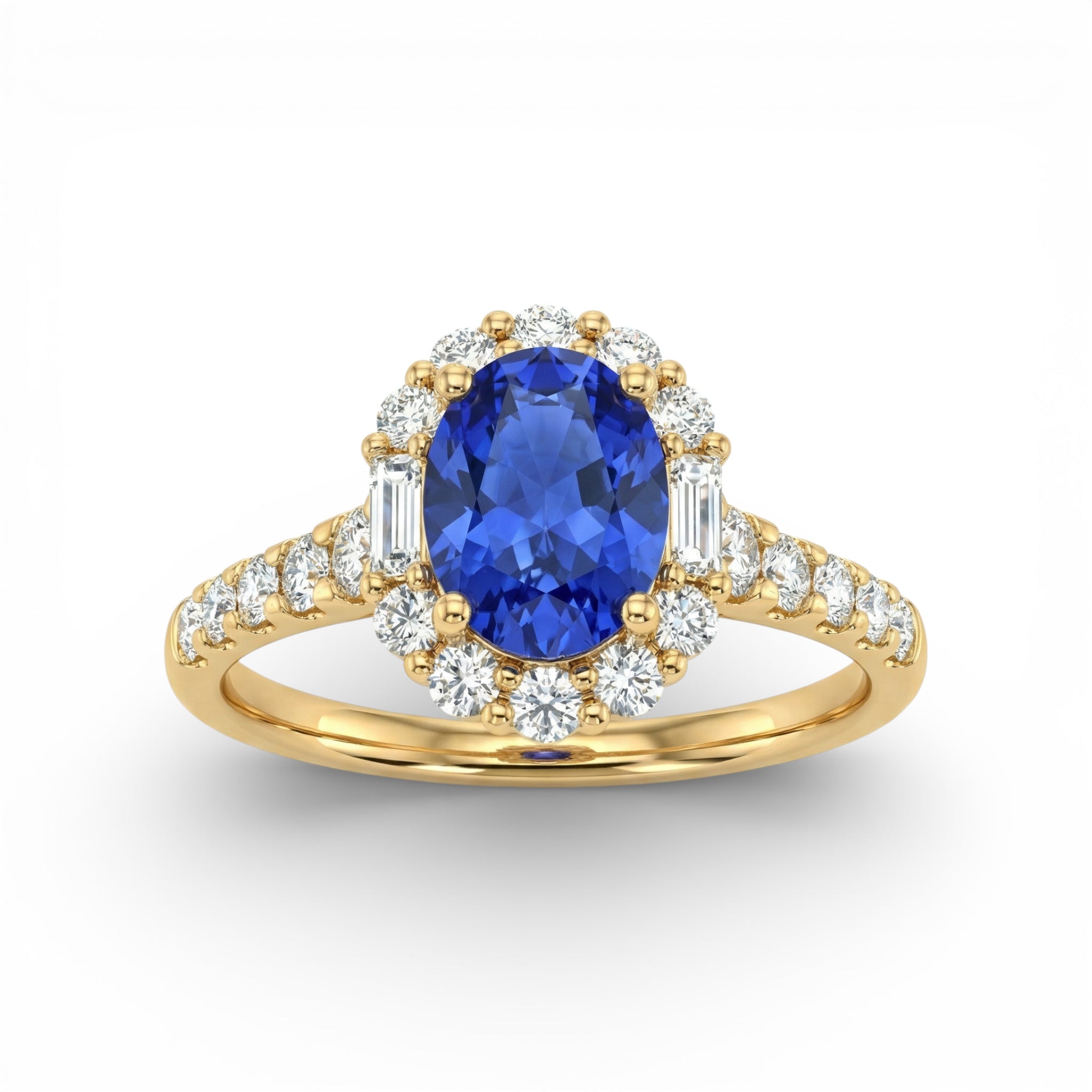 14K Yellow Gold Oval Cut Tanzanite with Baguette Diamond Halo Ring