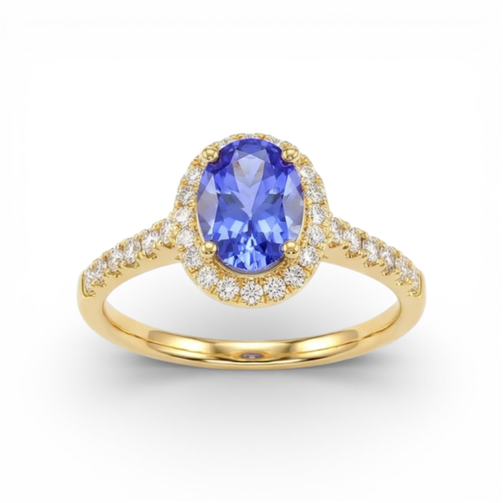 14K Yellow Gold Oval Cut Tanzanite with Diamond Halo Ring