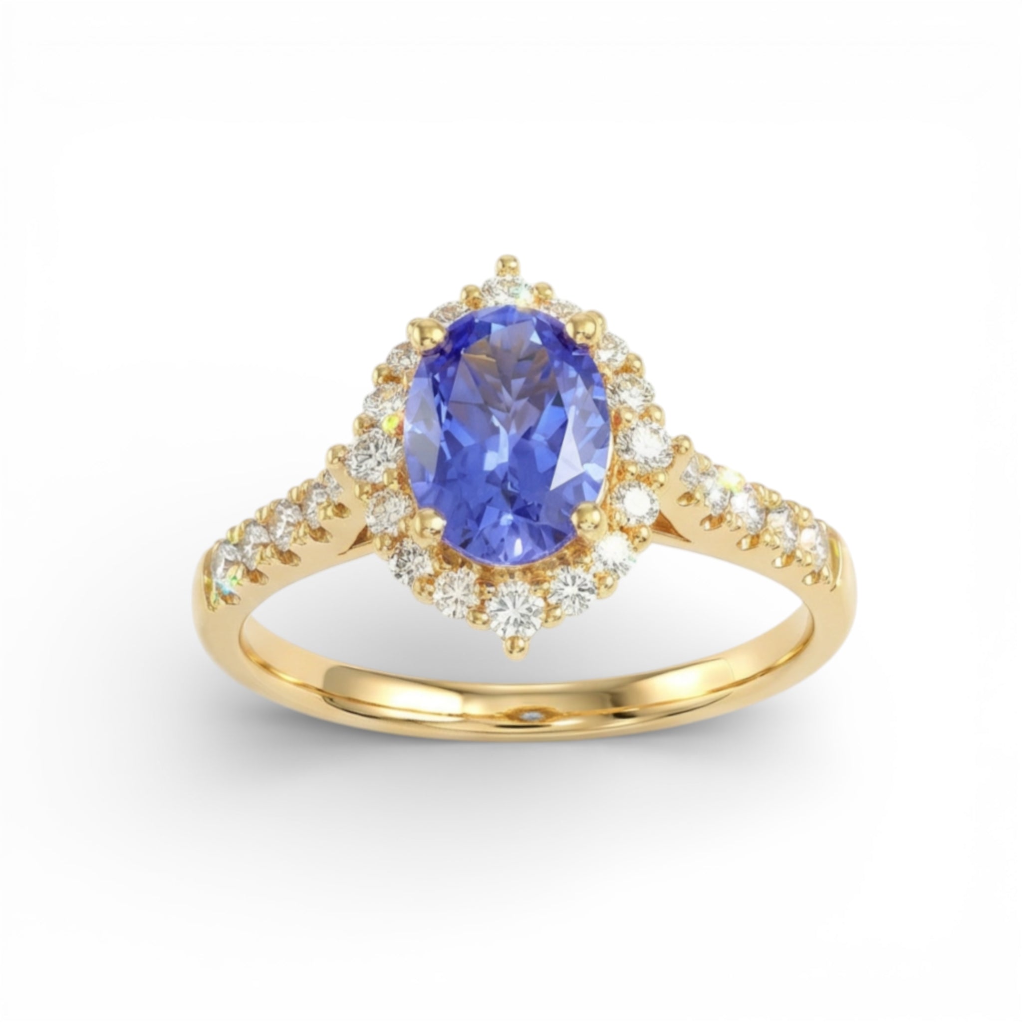 14K Yellow Gold Oval Cut Tanzanite with Diamond Halo Ring