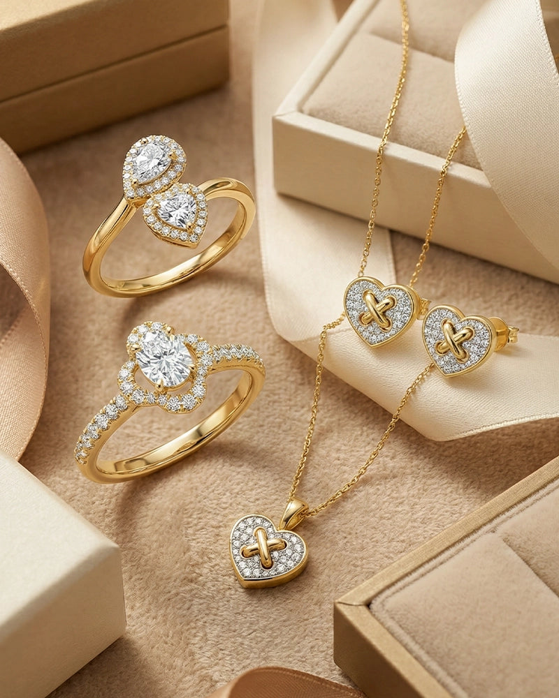 A curated assortment of BeBling Love Jewelry including a heart pendant, a pair of interlocking rings, and a bracelet with a love knot charm.