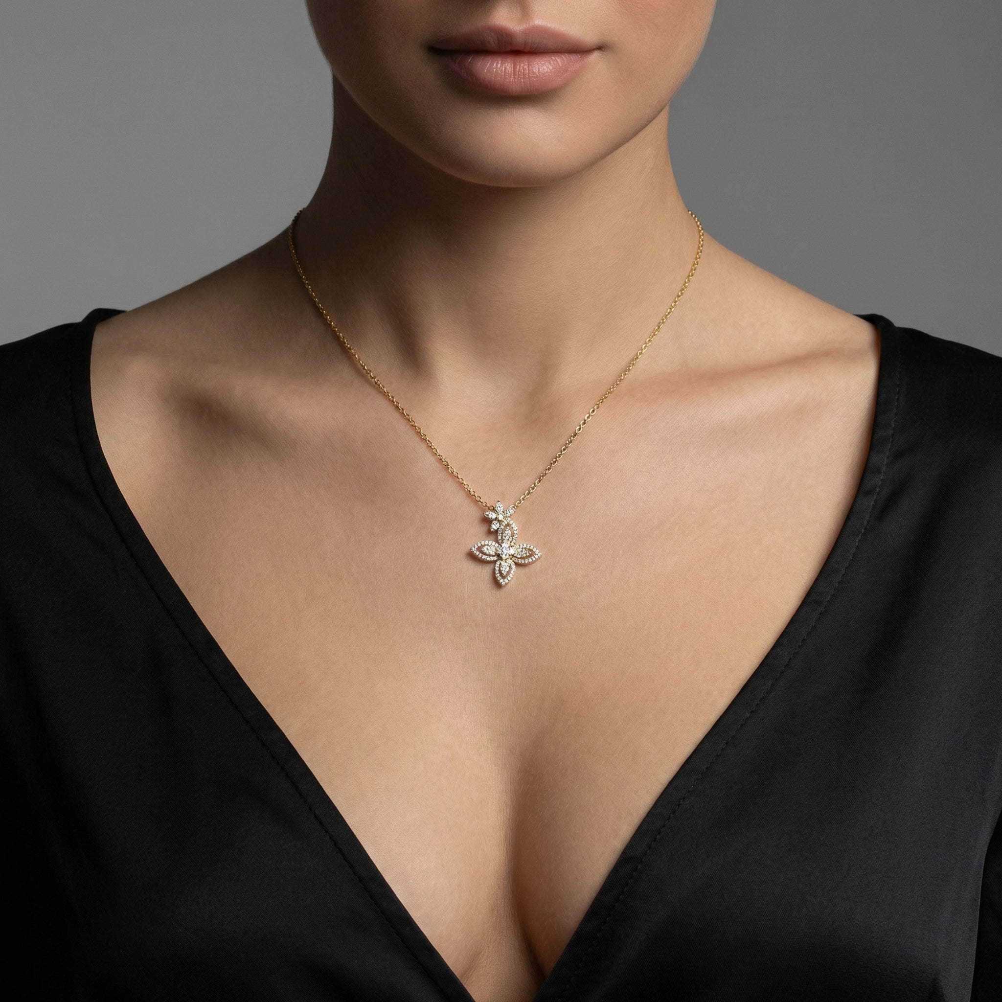 BeBling 14K Yellow Gold Diamond Double Flower Pendant Necklace on neck