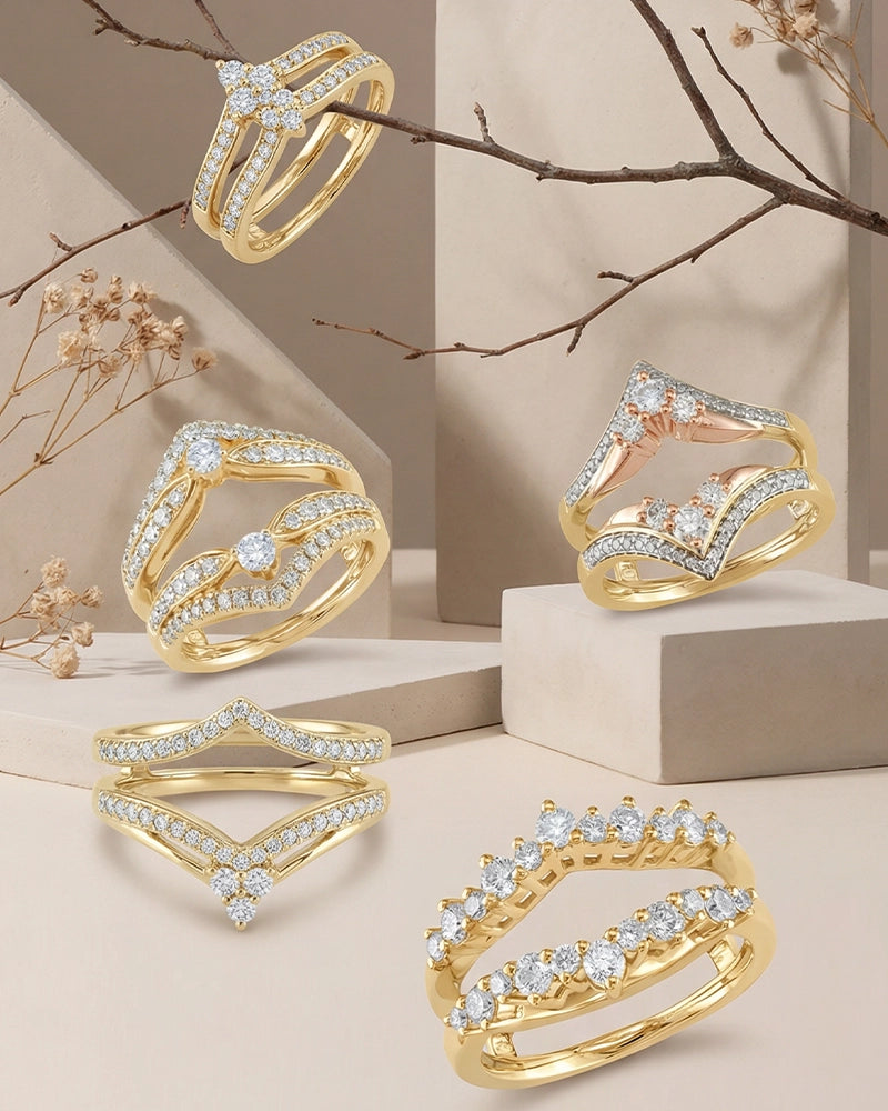 Side-by-side image: left, a solitaire engagement ring alone; right, the same ring inserted into a BeBling diamond-accented ring enhancer.